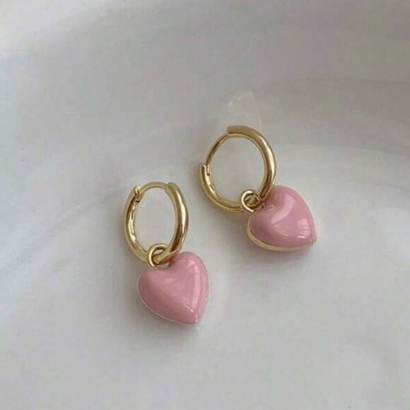 14K Gold-Filled Pink Heart Hoop Earrings - Picture 4 of 5